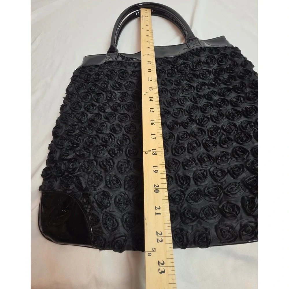 Black Rosette Floral Tote Bag Patent Trim Whimsigoth Gothic Romance Coquette